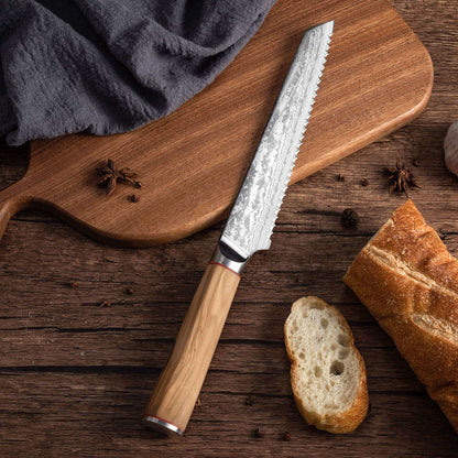 MIA Z | BROTMESSER 20,3 cm Damast AUS10 Stahl 67 Lagen / Olivenholzgriff