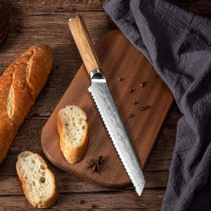 MIA Z | BROTMESSER 20,3 cm Damast AUS10 Stahl 67 Lagen / Olivenholzgriff