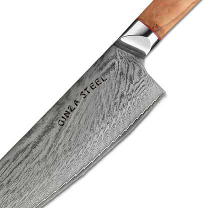 Ginza Steel MIA 24 Kochmesser 9” – Damast AUS10, 67-lagig, Olivenholzgriff