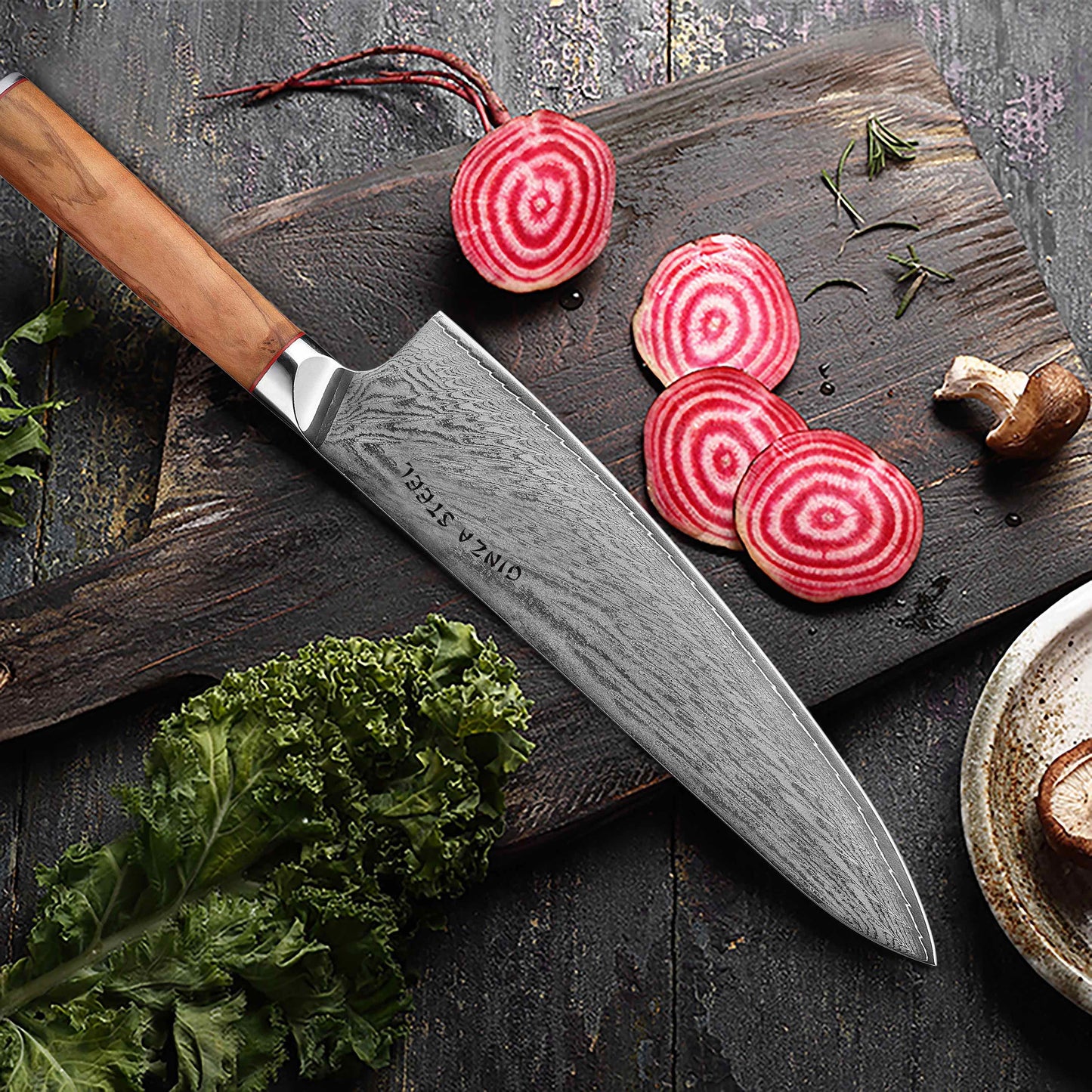 Ginza Steel MIA 24 Kochmesser 9” – Damast AUS10, 67-lagig, Olivenholzgriff