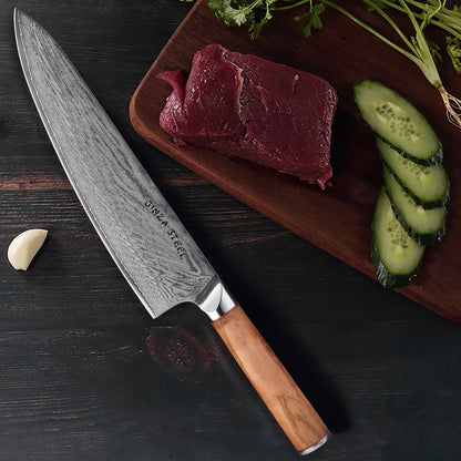 Ginza Steel MIA 24 Kochmesser 9” – Damast AUS10, 67-lagig, Olivenholzgriff