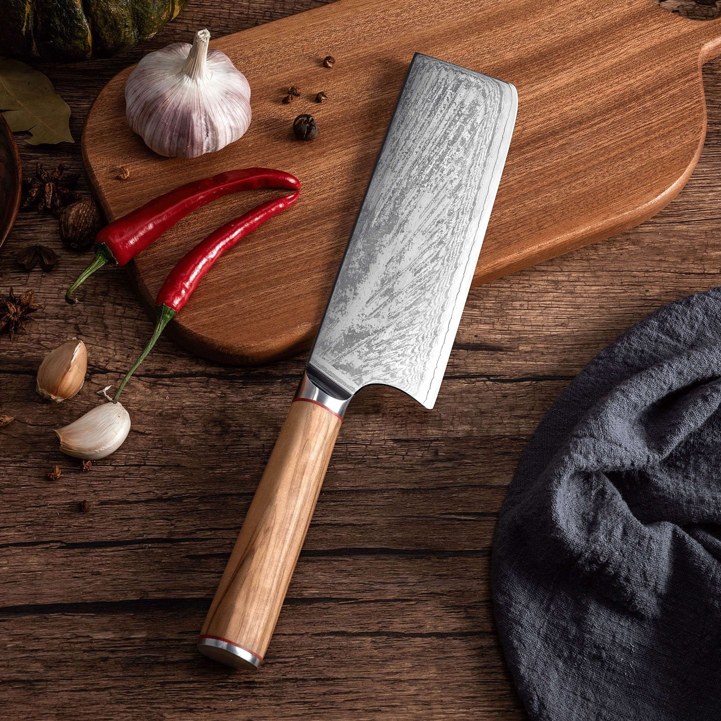 MIA X | Cleaver 7" Damast AUS10 Stahl 67 Lagen / Olivenholzgriff