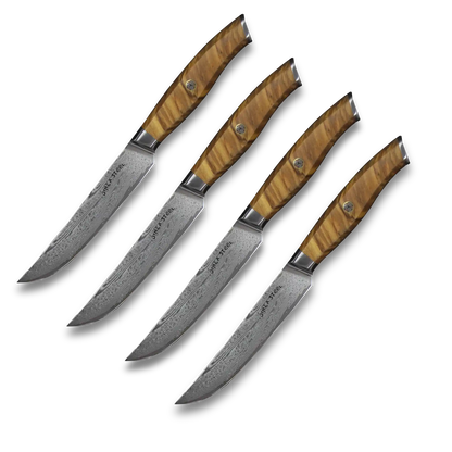 Ginza Steel AMELIA Five – 4-teiliges Steakmesserset aus VG10 Damaststahl mit Holzblock