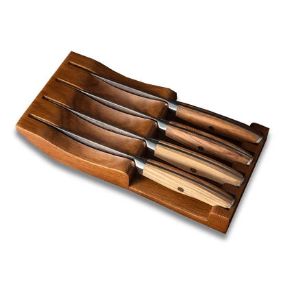 Ginza Steel AMELIA Five – 4-teiliges Steakmesserset aus VG10 Damaststahl mit Holzblock