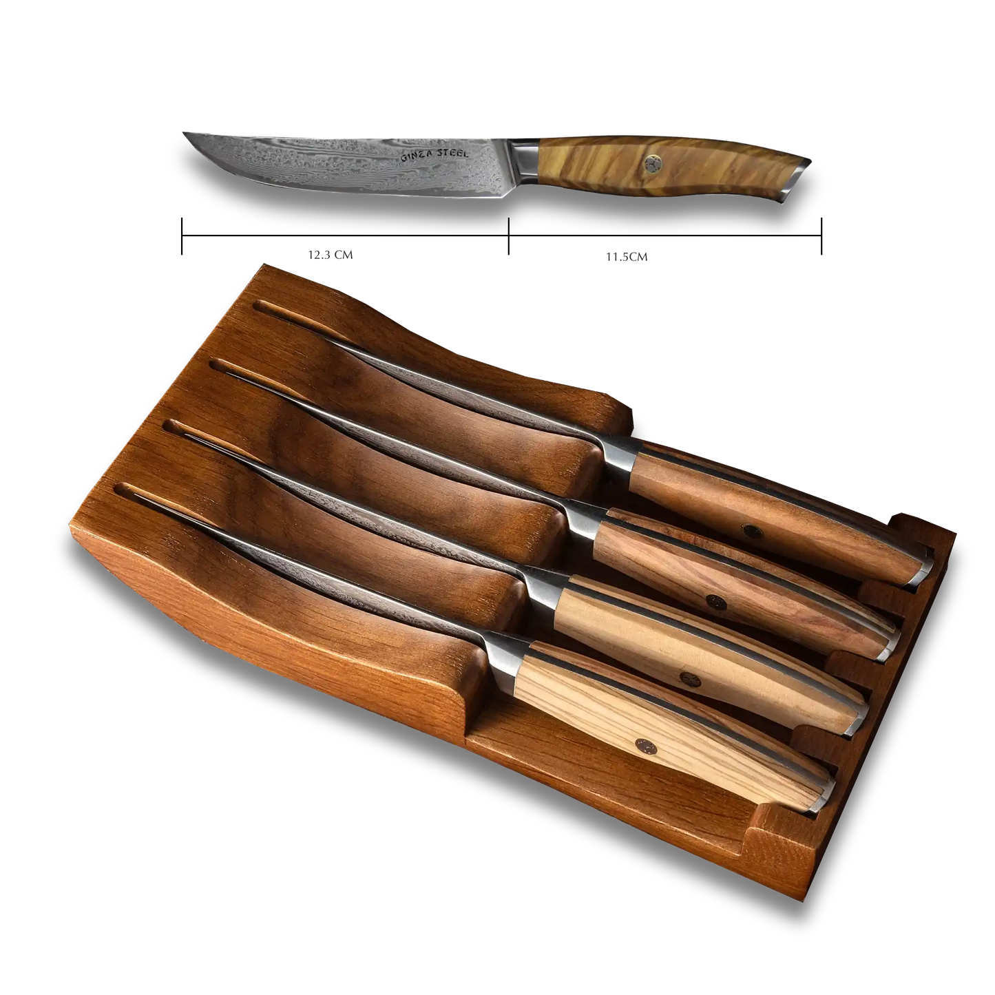 Ginza Steel AMELIA Five – 4-teiliges Steakmesserset aus VG10 Damaststahl mit Holzblock
