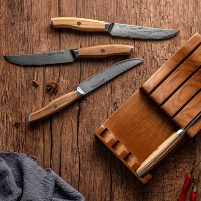 Ginza Steel AMELIA Five – 4-teiliges Steakmesserset aus VG10 Damaststahl mit Holzblock