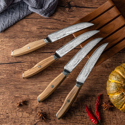 Ginza Steel AMELIA Five – 4-teiliges Steakmesserset aus VG10 Damaststahl mit Holzblock