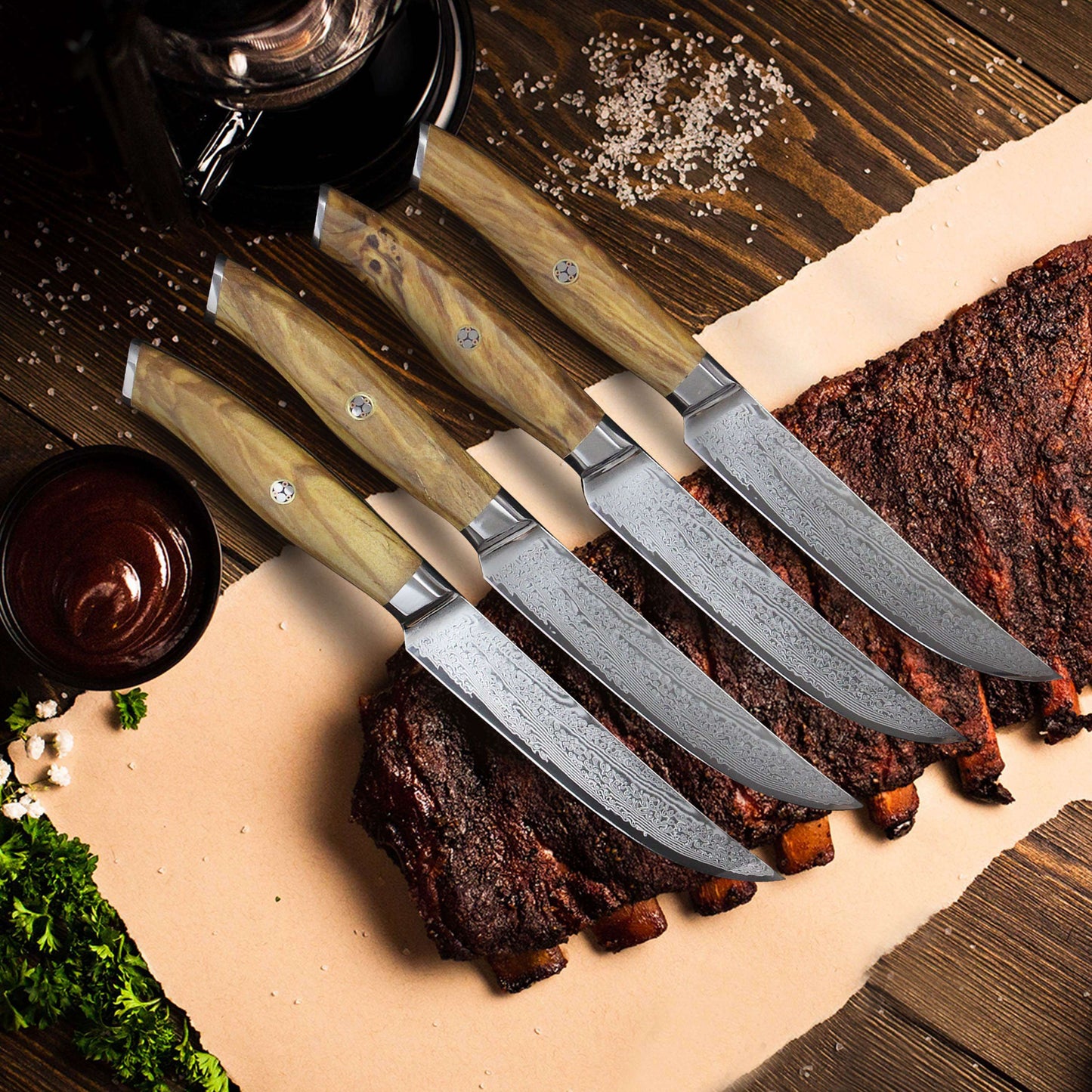 Ginza Steel AMELIA Five – 4-teiliges Steakmesserset aus VG10 Damaststahl mit Holzblock