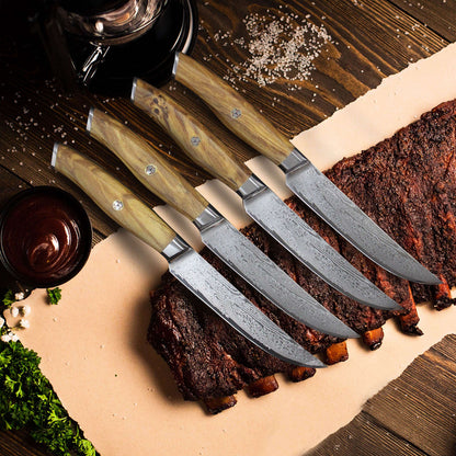 Ginza Steel AMELIA Five – 4-teiliges Steakmesserset aus VG10 Damaststahl mit Holzblock
