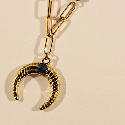 LILLE: Boho-Chic African Turquoise Natural Stone Crescent Moon Pendant Gold Necklace