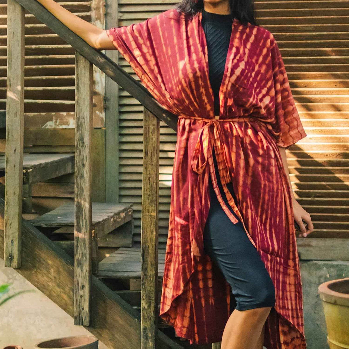Tie Dye Long Kimono - Maroon & Gold