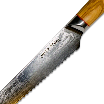 MIA Z | BROTMESSER 20,3 cm Damast AUS10 Stahl 67 Lagen / Olivenholzgriff