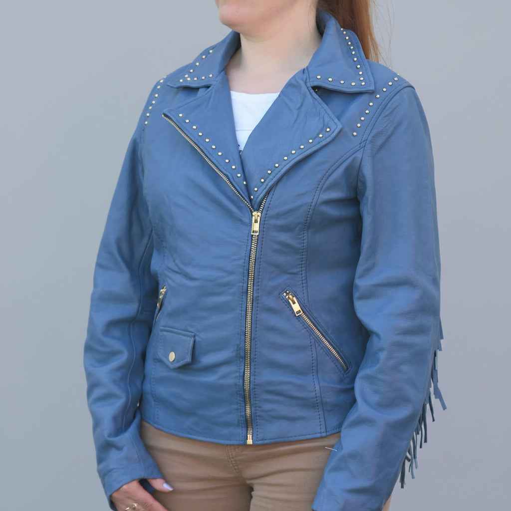 Women's Studded Leather Jacket with Removable Fringe