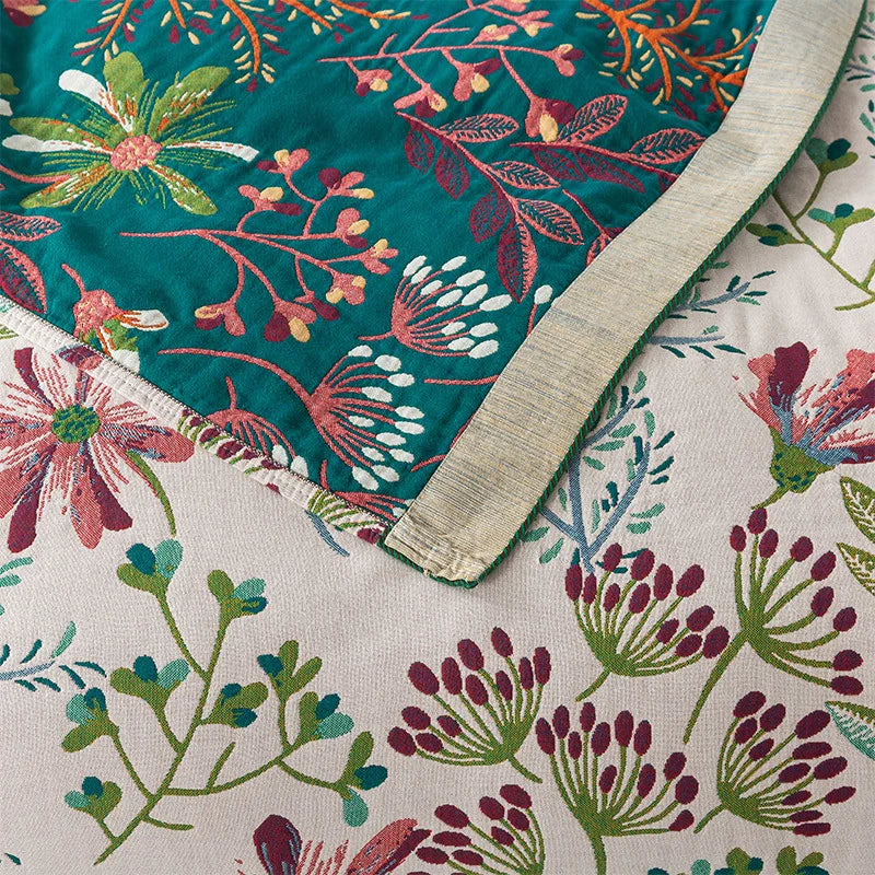 Wild Garden Boho Baumwolldecke/-überwurf - Creme/Smaragdgrün