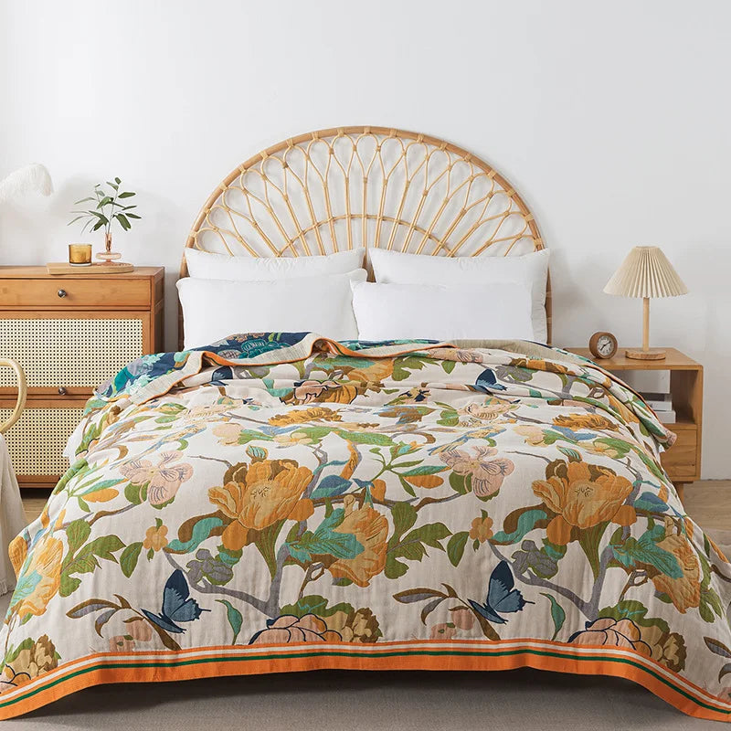 Wild Garden Boho Baumwolldecke/Überwurf - Creme/Gold
