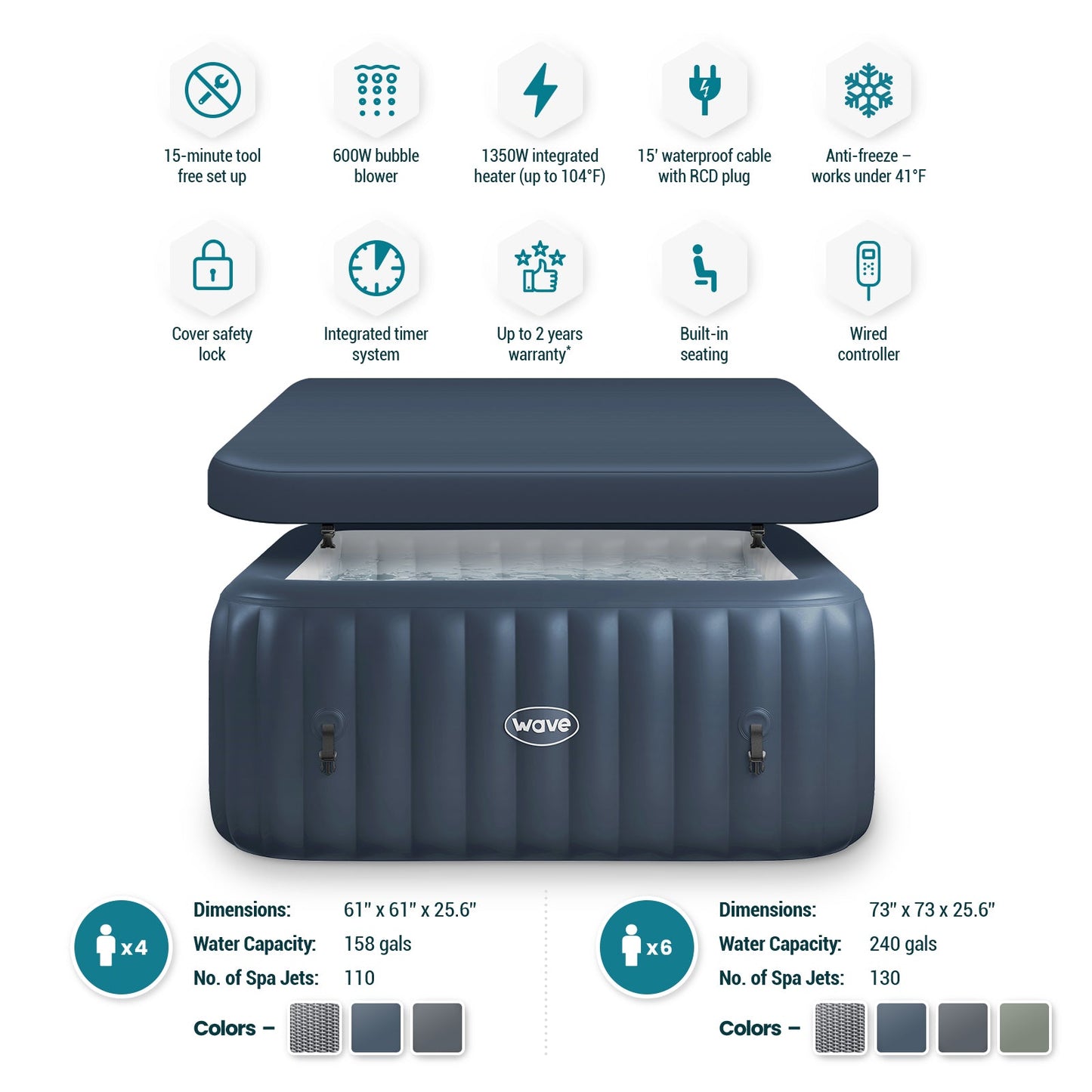 Wave | Pacific | 4/6-Person Inflatable Hot Tub | Square | Integrated Heater