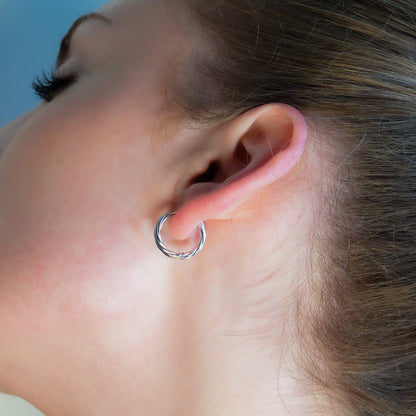 PURLEY: White Gold (Silver Toned) Richly Textured Modernist Mini Hoop Earrings