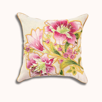 16x16インチ 刺繍花柄スクエアピローカバー – 綿製前面、紙シルク製背面