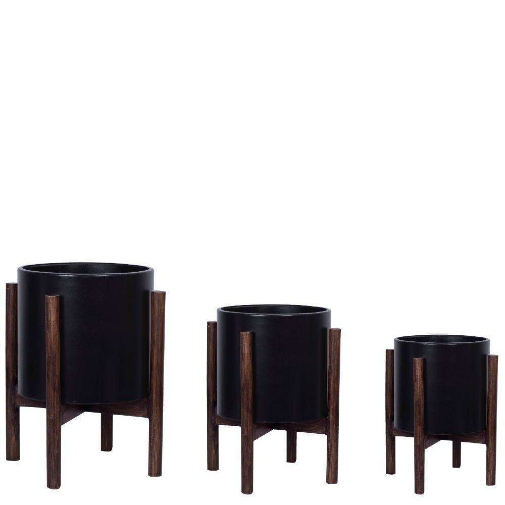Rica – Mid-Century Modern Pflanzenständer mit schwarzem Übertopf (verschiedene Größen)