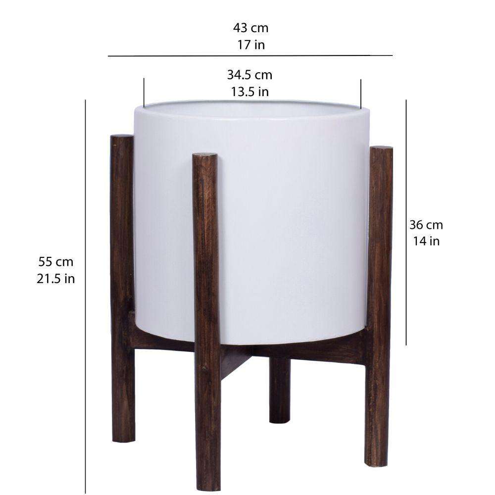 Rica – Mid-Century Modern Pflanzenständer mit weißem Übertopf (verschiedene Größen)