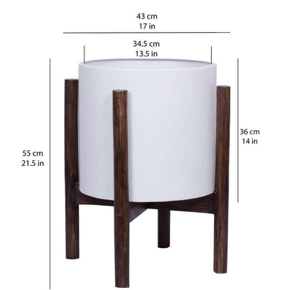 Rica – Mid-Century Modern Pflanzenständer mit weißem Übertopf (verschiedene Größen)