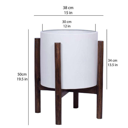 Rica – Mid-Century Modern Pflanzenständer mit weißem Übertopf (verschiedene Größen)