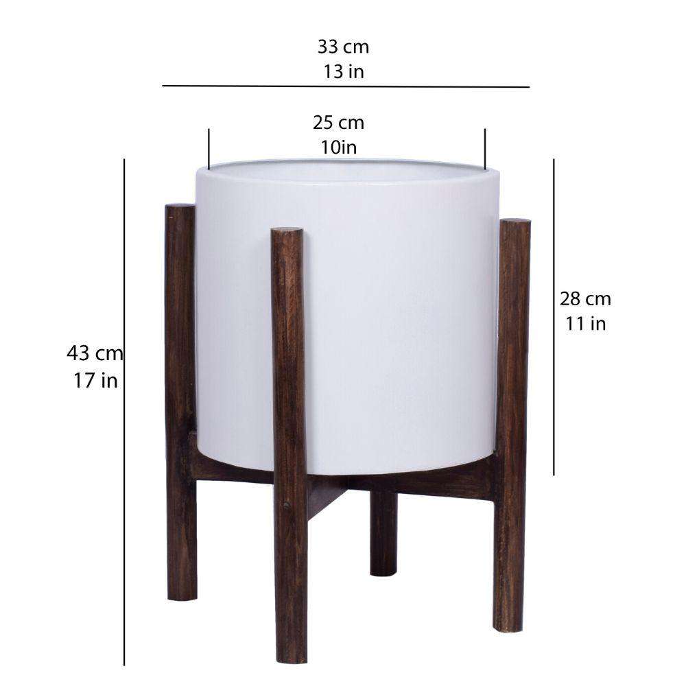 Rica – Mid-Century Modern Pflanzenständer mit weißem Übertopf (verschiedene Größen)