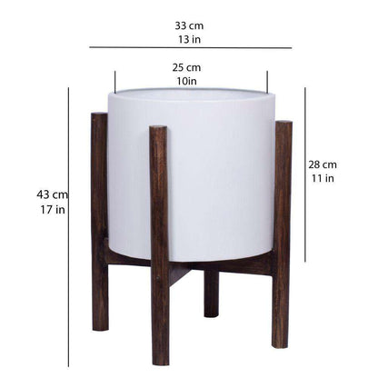 Rica – Mid-Century Modern Pflanzenständer mit weißem Übertopf (verschiedene Größen)