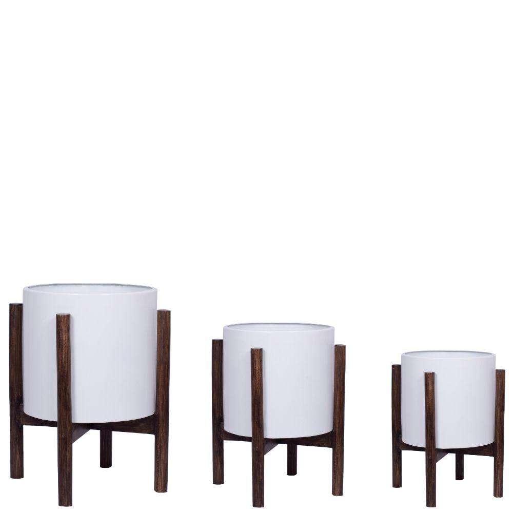 Rica – Mid-Century Modern Pflanzenständer mit weißem Übertopf (verschiedene Größen)