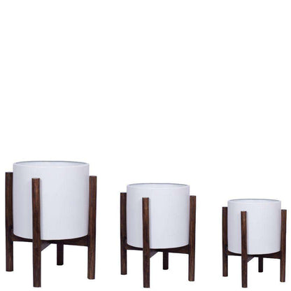 Rica – Mid-Century Modern Pflanzenständer mit weißem Übertopf (verschiedene Größen)