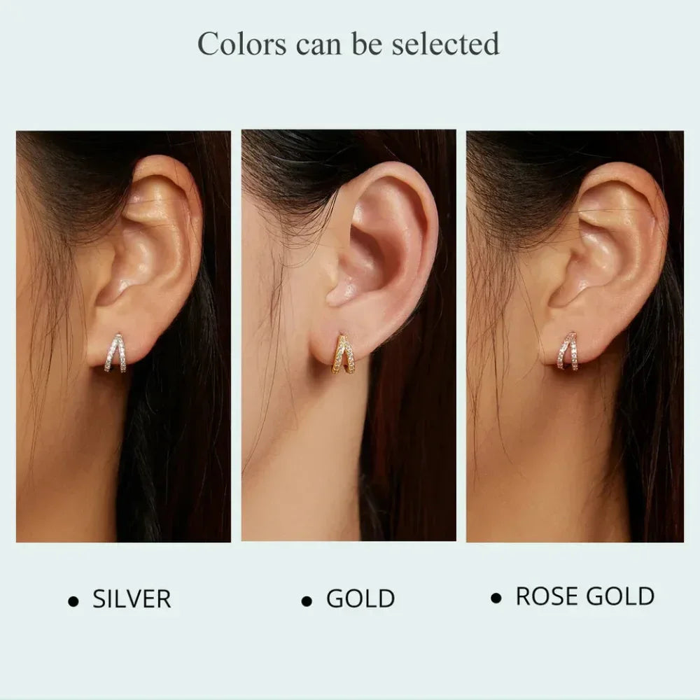 925 Sterling Silver Elegant Geometry Zircon Crystal Double Rings Ear Hoop Earrings