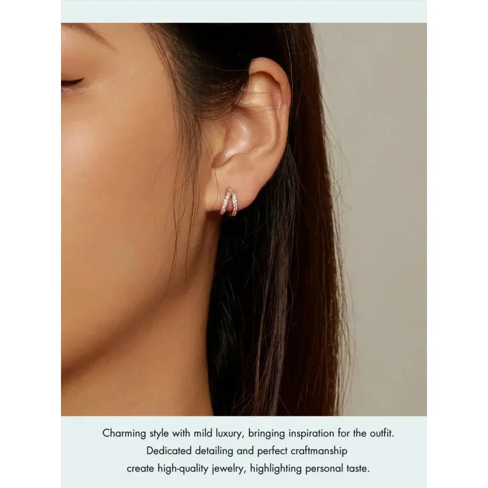 925 Sterling Silver Elegant Geometry Zircon Crystal Double Rings Ear Hoop Earrings