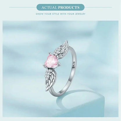 925 Sterling Silver Pink Heart Wing CZ Ring