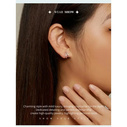 925 Sterling Silver Elegant Geometry Zircon Crystal Double Rings Ear Hoop Earrings
