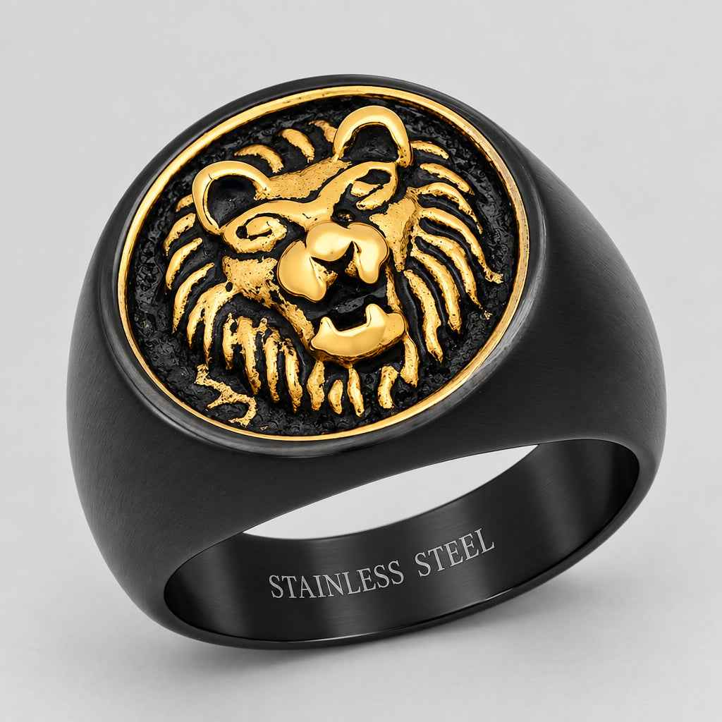 SteelTime Men's Black Stainless Steel Signet Ring with Gold Lion