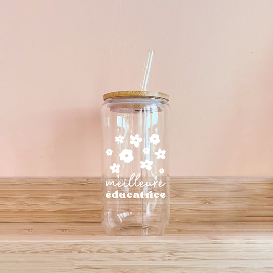 Verre - meilleure éducatrice fleurs blanches