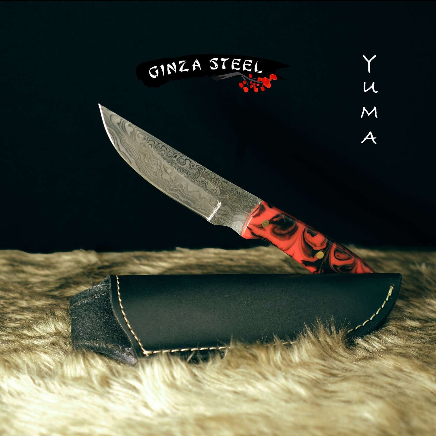 YUMA Damaszener Skinner Messer 5 Zoll Klinge mit originaler Rindslederscheide