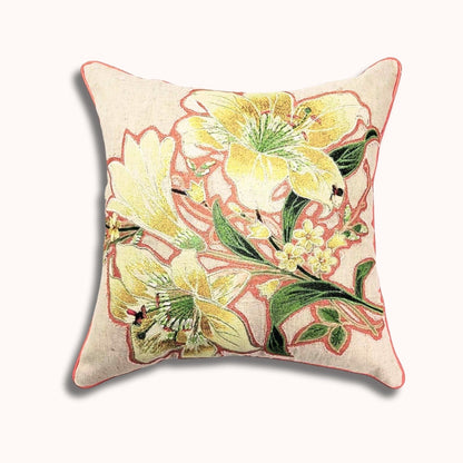 16x16インチ 刺繍花柄スクエアピローカバー – 綿製前面、紙シルク製背面