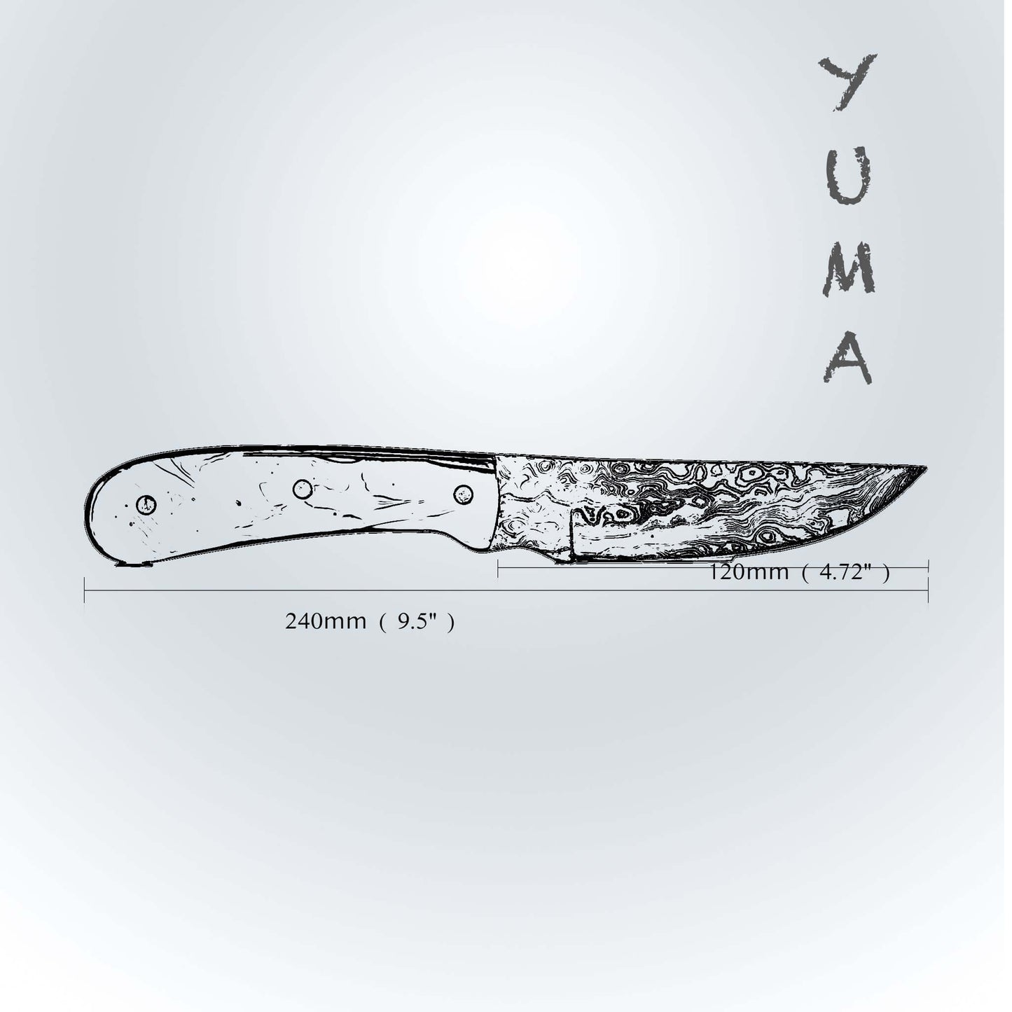 YUMA Damaszener Skinner Messer 5 Zoll Klinge mit originaler Rindslederscheide