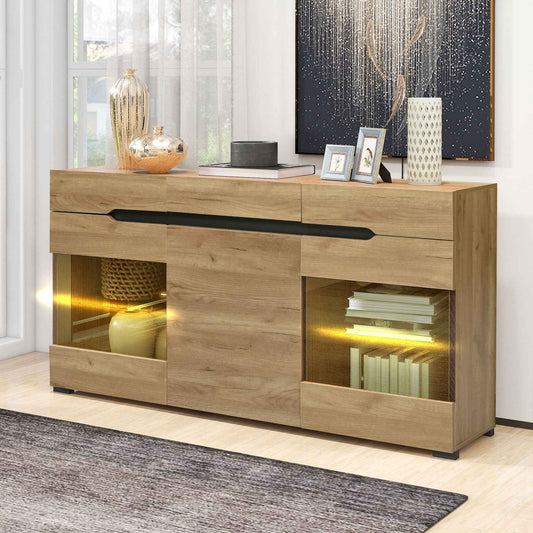 140cm LED Sideboard Cabinet in Oak – Modern Credenza with 3 Doors, 3 Drawers, Acrylic Display Doors & App-Controlled Lighting (Deliver to Germany Only)