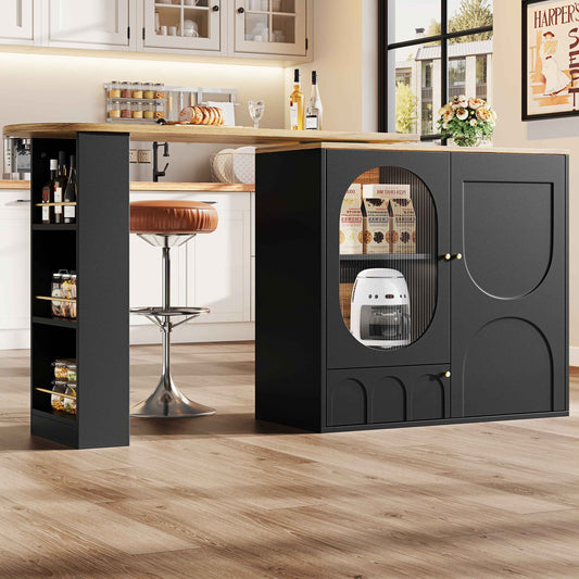 360° Rotating Bar Table with Storage, Kitchen Island & Dining Counter – 3-Door Cabinet with Adjustable Shelves, Black (Deliver to Germany Only)