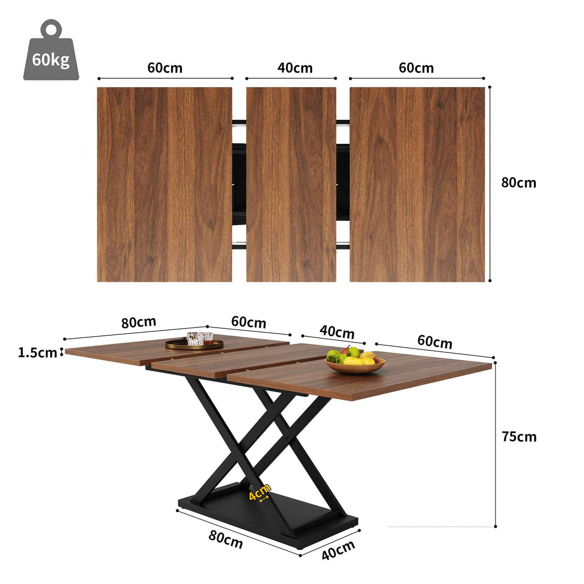 5-Piece Extendable Dining Set for 4 – 160 × 80 × 75 cm Walnut Table with Black Velvet Chairs (Germany Delivery Only)