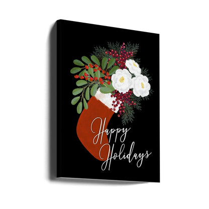 Wandbild Blumen Strumpf Frohe Feiertage in Schwarz Leinwandbild