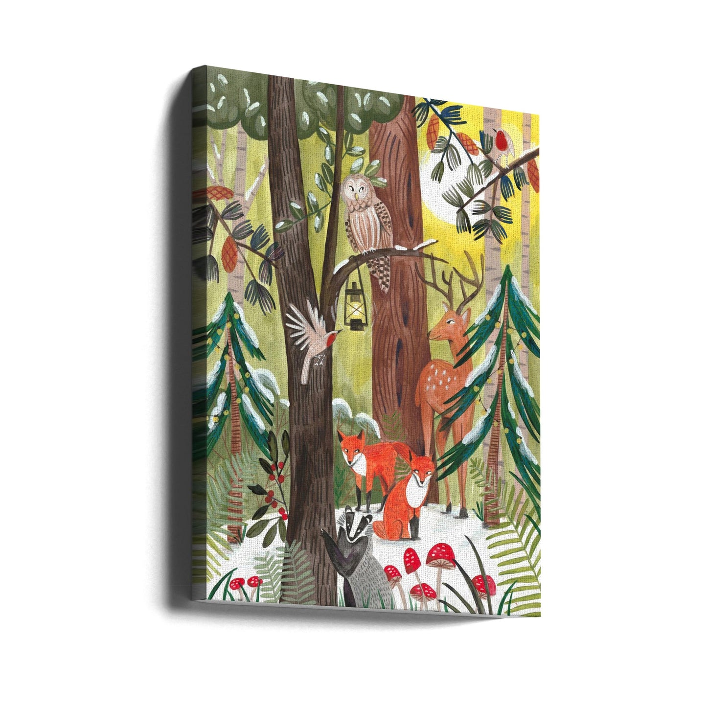 Wandbild Grüner Weihnachtswald mit Tieren Leinwandbild
