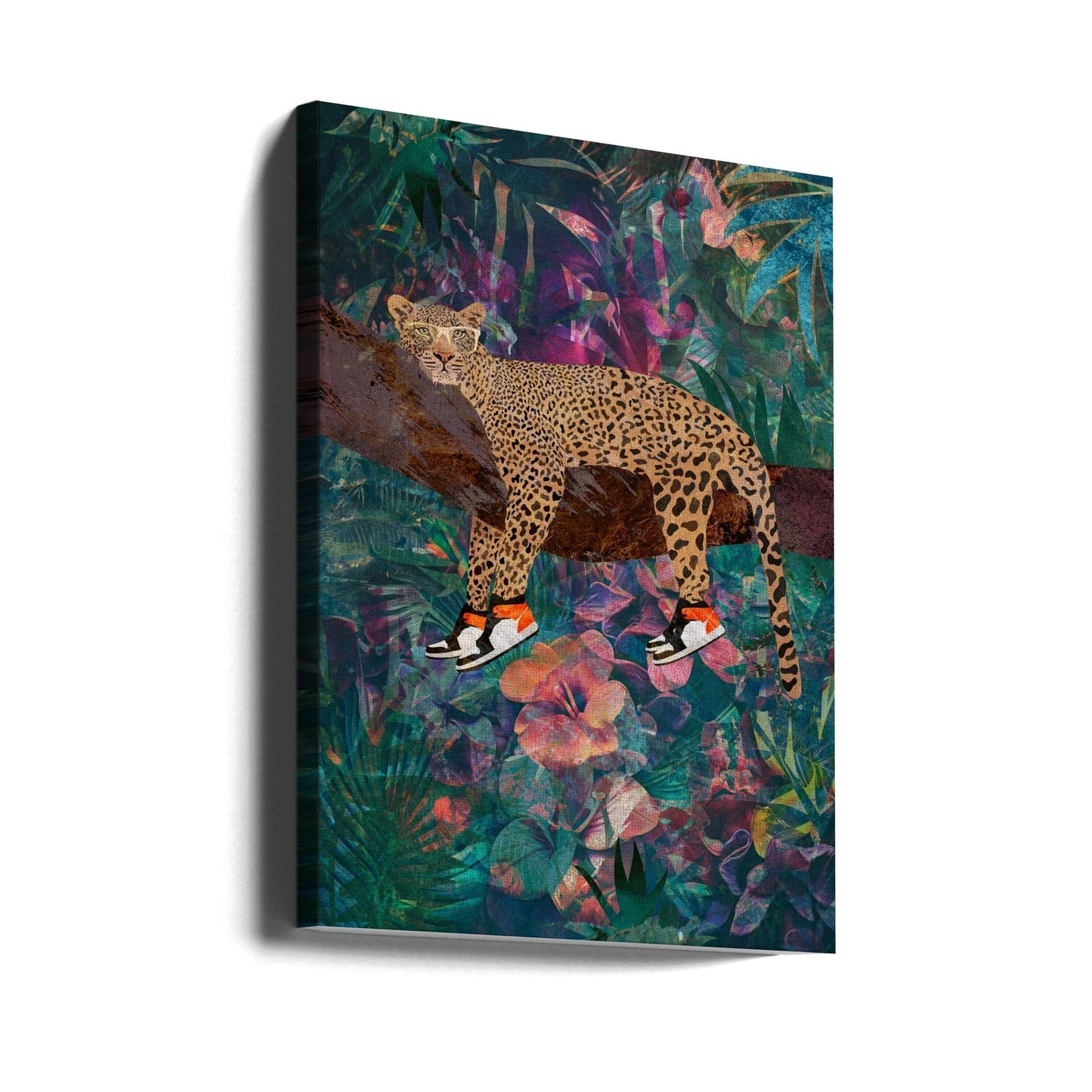 Wandkunst Tropische Blumen Dschungel – Leopard trägt Schuhe