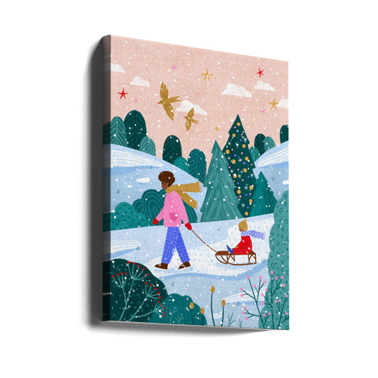 Wandbild Schneespaziergang mit Schlitten 2 Leinwanddruck