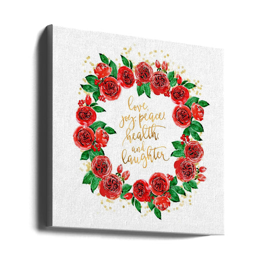 Wandbild Weihnachtswünsche Kranz aus roten englischen Rosen