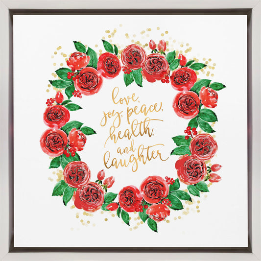 Wandbild Weihnachtswünsche Kranz aus roten englischen Rosen