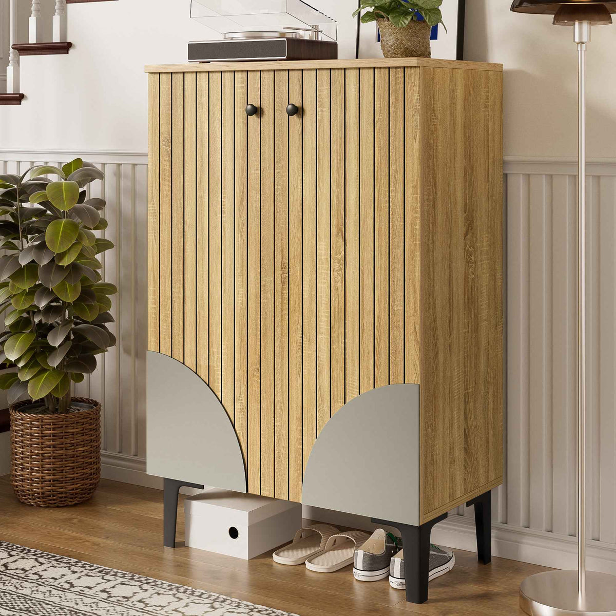 Modern Wooden Shoe Cabinet with Doors – Space-Saving Entryway Shoe Organizer with Shelves