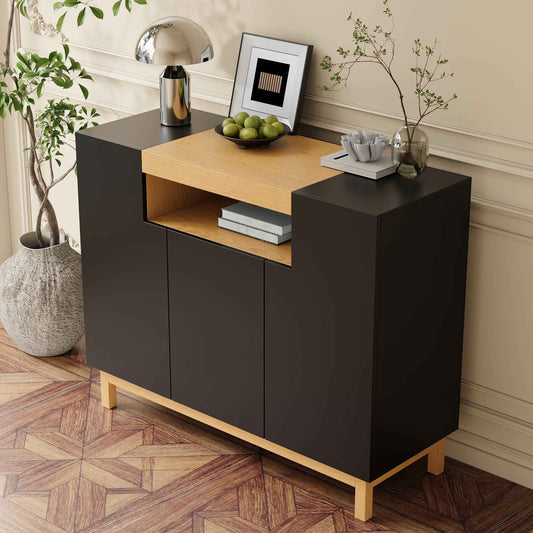 Modern Black Sideboard Cabinet – 3 Door Storage Buffet with Open Shelf for Living & Dining Room